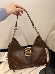 Vintage dark brown faux leather shoulder bag with gold buckles and chain straps