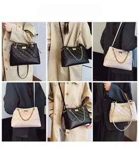 Multiple views of quilted faux leather tote bags with gold chain straps and twist locks