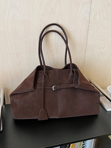 Large dark brown suede tote bag with minimalist folding design for commuting