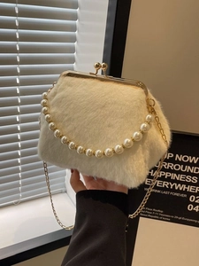 Damen Kunstfell Plüsch Handtasche Elegant Künstliche Perle Griff Kiss Lock Umhängetasche Retro Pelzige Schultertasche Für Alltag Party