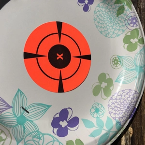 Adhesive splatter target stickers in fluorescent orange with black bullseye for shooting