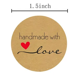 1,5 Zoll runde Kraftpapier-Aufkleber mit Handmade with Love Text und Herzdekor