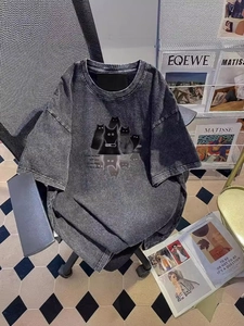 Women's Vintage Washed Charcoal Grey Cotton T-Shirt Distressed Black Cat Graphic Printed Loose Oversized Round Neck Top