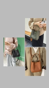 Detailed views of leather bucket bag in three colors with shoulder straps and handle