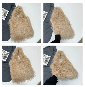 Detailed views of camel faux fur tote bag showing plush texture and spacious design