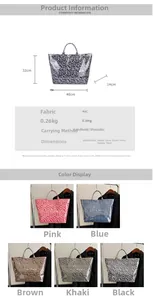 Detailed dimension guide and color options for large leopard print PVC tote bag