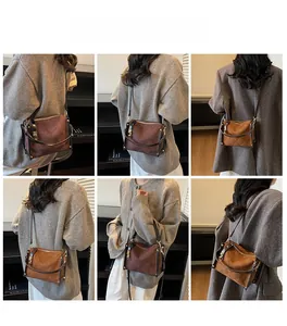Multiple views of quilted faux suede crossbody bag with vintage metal lock and shoulder strap