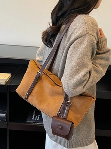 Retro mustard suede tote bag with brown leather straps and detachable small pouch