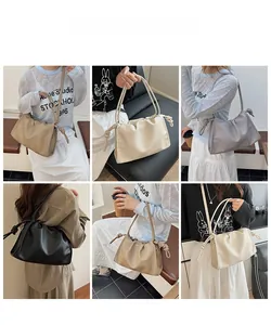 Detailed views of pleated cloud shoulder bags in various colors on models