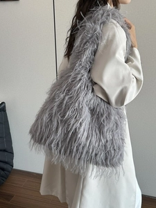 Chic grey faux fur tote bag for women with fluffy texture and stylish shoulder strap