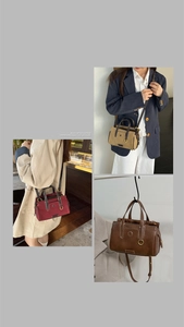 Detailed views of vintage mini tote bags in khaki, burgundy and brown colors