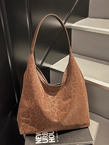 Retro leopard print tote bag in dark brown suede hobo style with large capacity