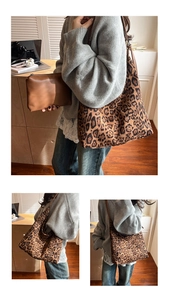 Detail of leopard print tote bag and brown clutch set in a casual lifestyle setting