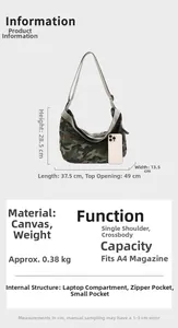 Detailed dimension guide for leopard canvas crossbody bag with internal laptop compartment