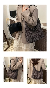 Three-view detail of large leopard print hobo bag and black leather pouch set