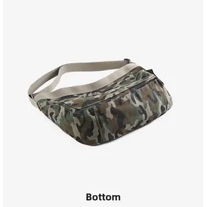 Detailed bottom view of large camo canvas messenger bag showing wide structural base