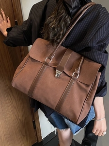 Borsa tote retrò in pelle scamosciata marrone con fibbia metallica e manici lunghi