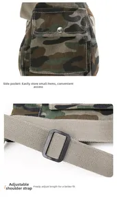 Detail of camouflage canvas bag featuring side pocket with snap and adjustable strap
