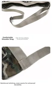 Detail of reinforced stitching and high-density webbing strap on camo canvas bag
