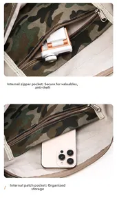 Detail view of the canvas bag interior featuring a zipper pocket and camo lining