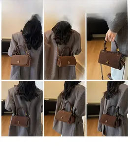 Brown suede crossbody bag with gold hardware and knotted handle shown in multiple angles
