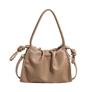 French style pleated cloud handbag in khaki soft leather with stylish knot details