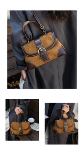 Dettagli della borsa vintage in pelle scamosciata con finiture in pelle e fibbia dorata