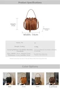 Tableau des tailles du sac seau vintage à franges avec dimensions et options de couleurs