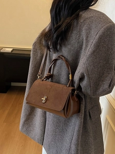 Deep brown retro small square bag with suede flap and knot handle for women