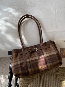Retro Plaid Woolen Tote Bag Large Capacity PU Leather Shoulder Bag For Women Vintage Commuting Underarm Bag Daily Handbag