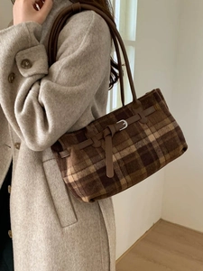 Vintage brown plaid wool tote bag with leather straps for women commuting