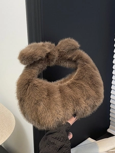 Sac à main en fausse fourrure marron avec poignée nouée élégante pour femme automne hiver