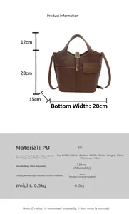 Size chart showing brown PU leather bucket bag with 120cm adjustable shoulder strap