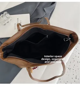 Macro shot of large caramel tote bag interior with zipper pocket and bear charm