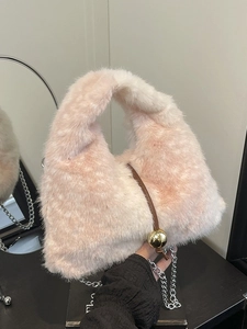 Large Capacity Faux Fur Shoulder Bag For Women Plush Chain Handbag Animal Pattern Drawstring Crossbody Bag Autumn Winter