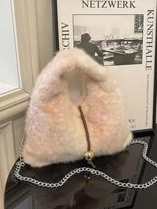 Pink and white gradient plush faux fur handbag with elegant silver chain and gold metal beads
