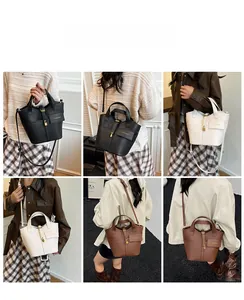 Three-way bucket bag shown in black, white, and brown with adjustable straps and gold lock