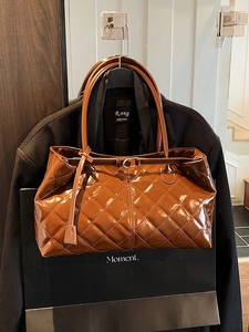Retro caramel brown patent leather tote bag with elegant diamond quilted pattern design