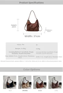Detailed size specifications and color options for the half-moon PU leather tote bag