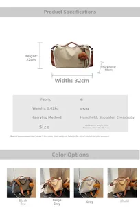 Detailed view of casual canvas tote with dog plush, showing size 32x22x10cm and straps