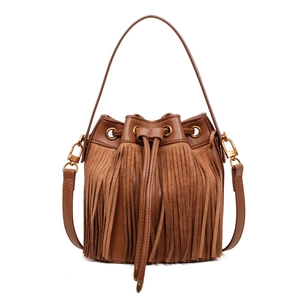 Vintage brown frosted bucket bag with bohemian tassels and gold-tone hardware