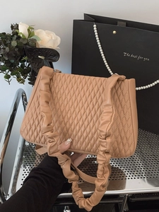 Chic khaki quilted shoulder bag with cloud-like ruched strap and diamond stitching