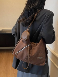 Brown suede versatile shoulder bag for women with round coin purse and zipper detail