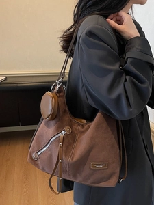 Retro brown suede tote bag with shoulder strap and mini round coin purse set