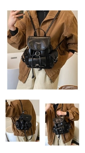 Detailed views of a black leather backpack with flap closure and silver buckle accents