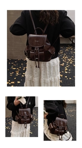Detail view of vintage dark brown faux leather backpack with buckle strap and drawstring