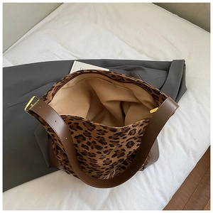 Chic leopard print suede tote bag with brown leather strap for autumn daily commute