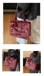 Vue détaillée du sac de mariage rouge avec broderie traditionnelle de dragon et phénix
