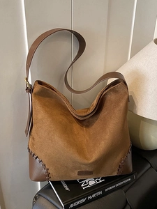 Women Retro Large Capacity Faux Suede Tote Bag Contrast Stitching Leopard Print Shoulder Hobo Bag Casual Commuter Handbag