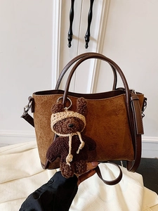 Vintage Matte Wildleder Textur Eimertasche Für Damen Retro Einfarbig Handtasche Mit Plüschbär Anhänger Pendler Umhängetasche
